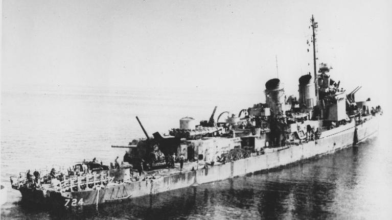 View of the USS Laffey after the Battle of Okinawa.