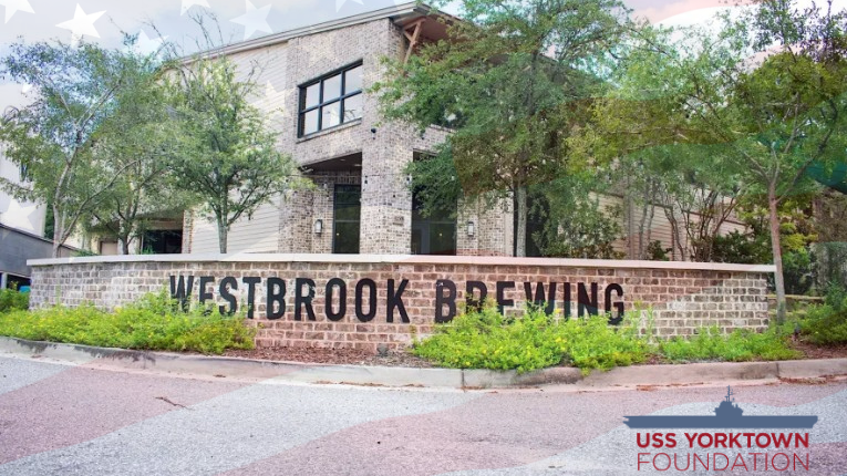 Image of Westbrook Brewing Co. with American Flag design and USS Yorktown Foundation logo. 
