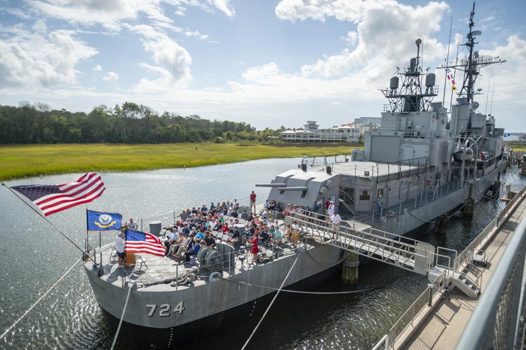 A ceremony is held on the USS Laffey.