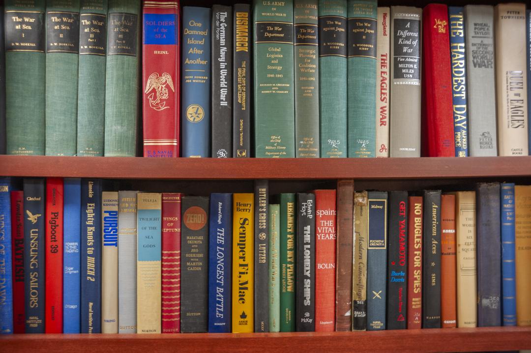 Books from the Crew's Library on board the USS Yorktown.