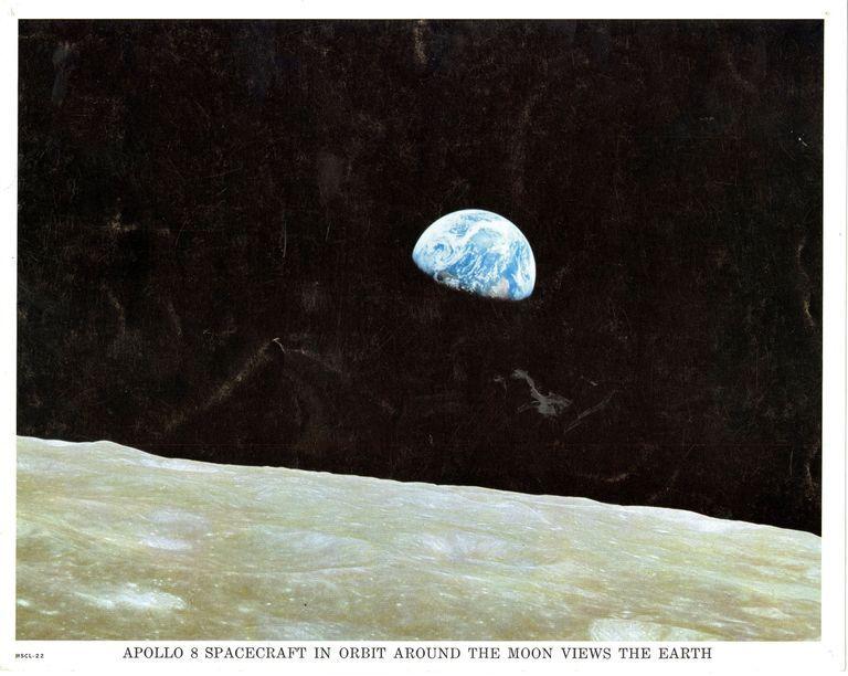 Official NASA photograph, 'Earthrise,' of the view of earth from the Apollo 8 spacecraft in orbit around the moon.