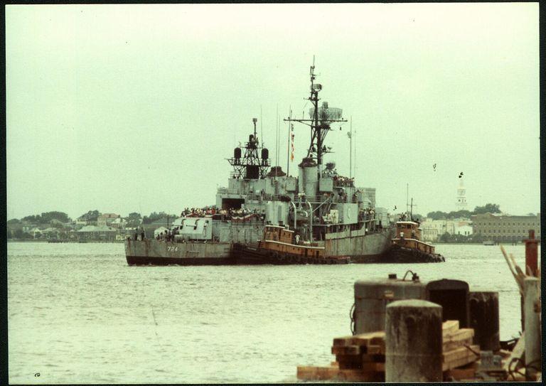 USS Laffey is pushed by tugboats into Patriots Point.